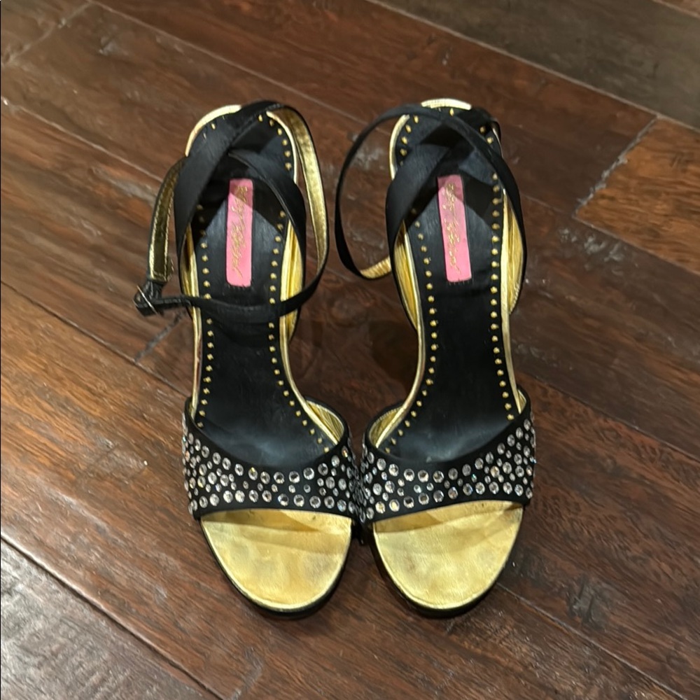 Gently Loved Elegant Black with Jeweled Wrap Around the Ankle  Sandals